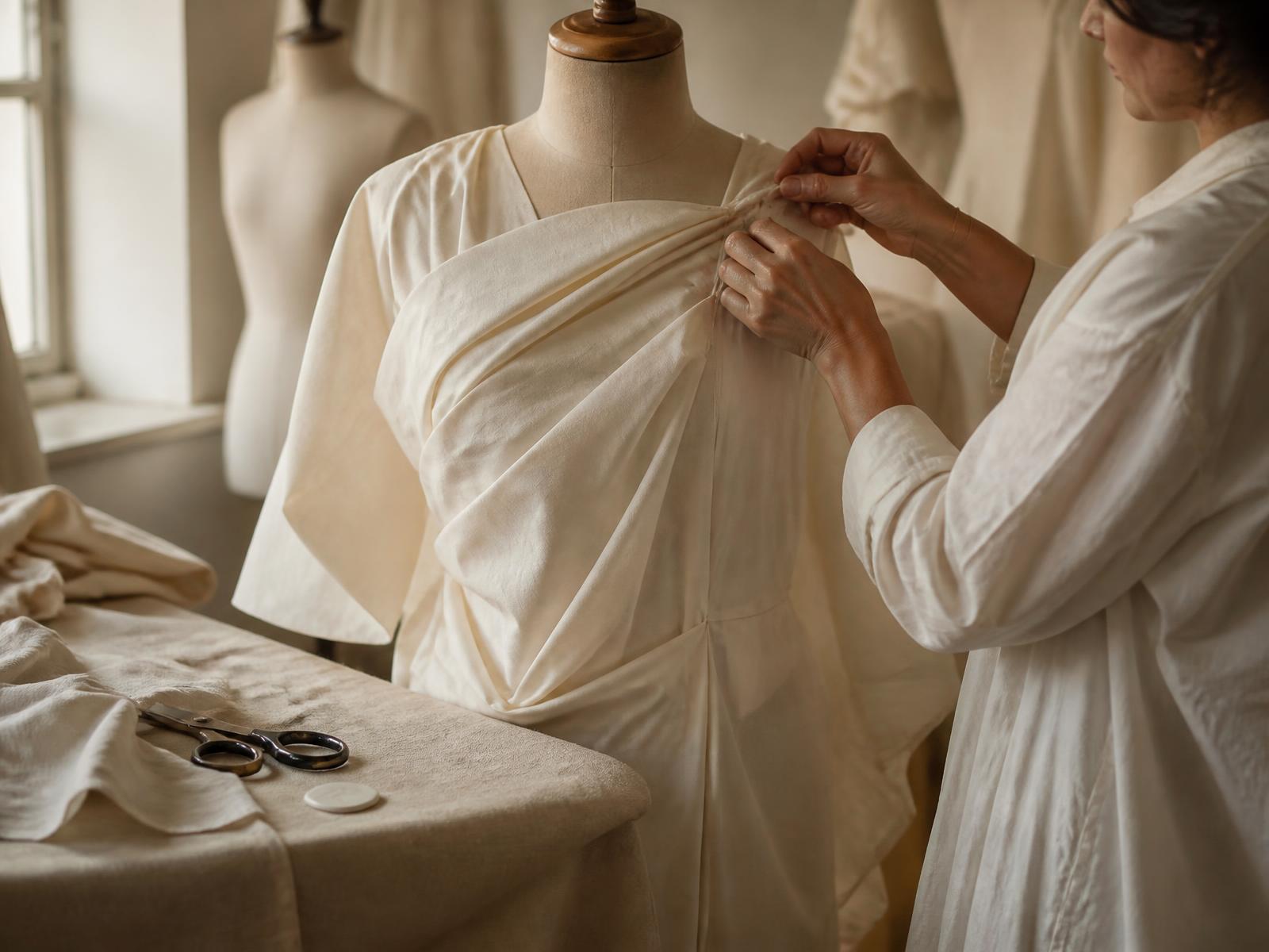 Drapé de soie écrue épinglé sur un mannequin de couture dans l'atelier Naëlya